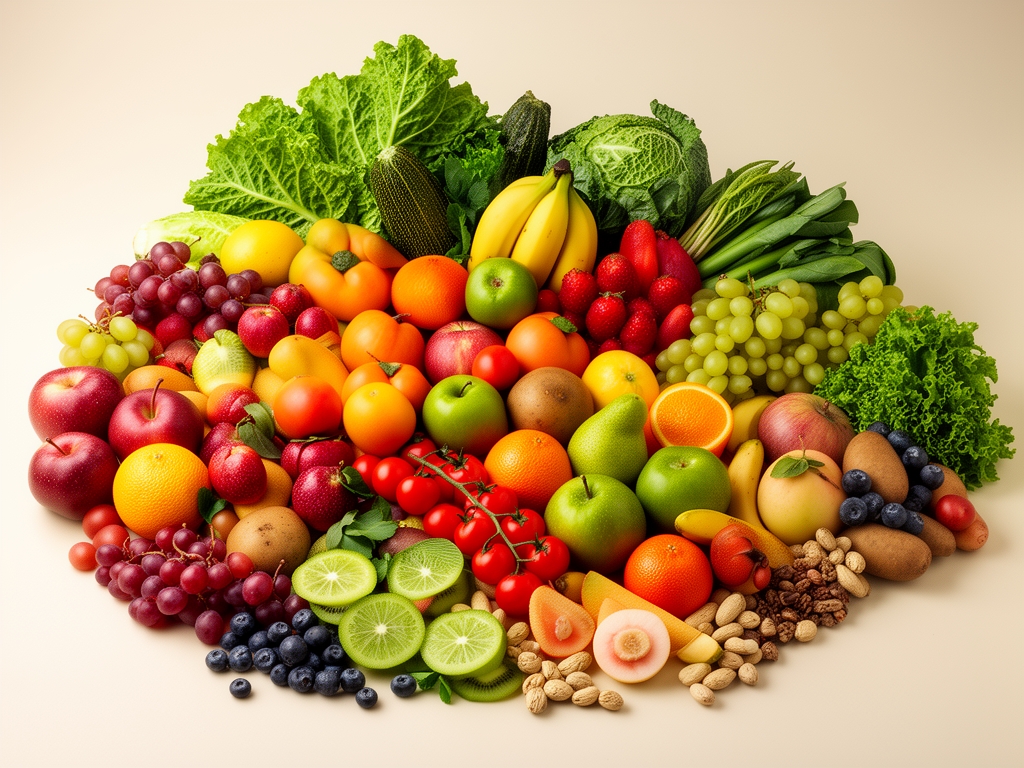 Čerstvé barevné ovoce a zelenina rozložené na světlém pozadí ilustrující pestrost živin a principy vyvážené výživy