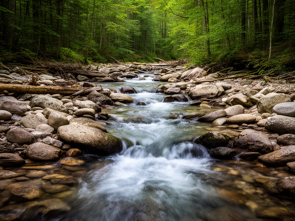 Čistá voda tekoucí přes lesní kameny v přirozeném prostředí symbolizující hydrataci a čistotu jako základ zdraví