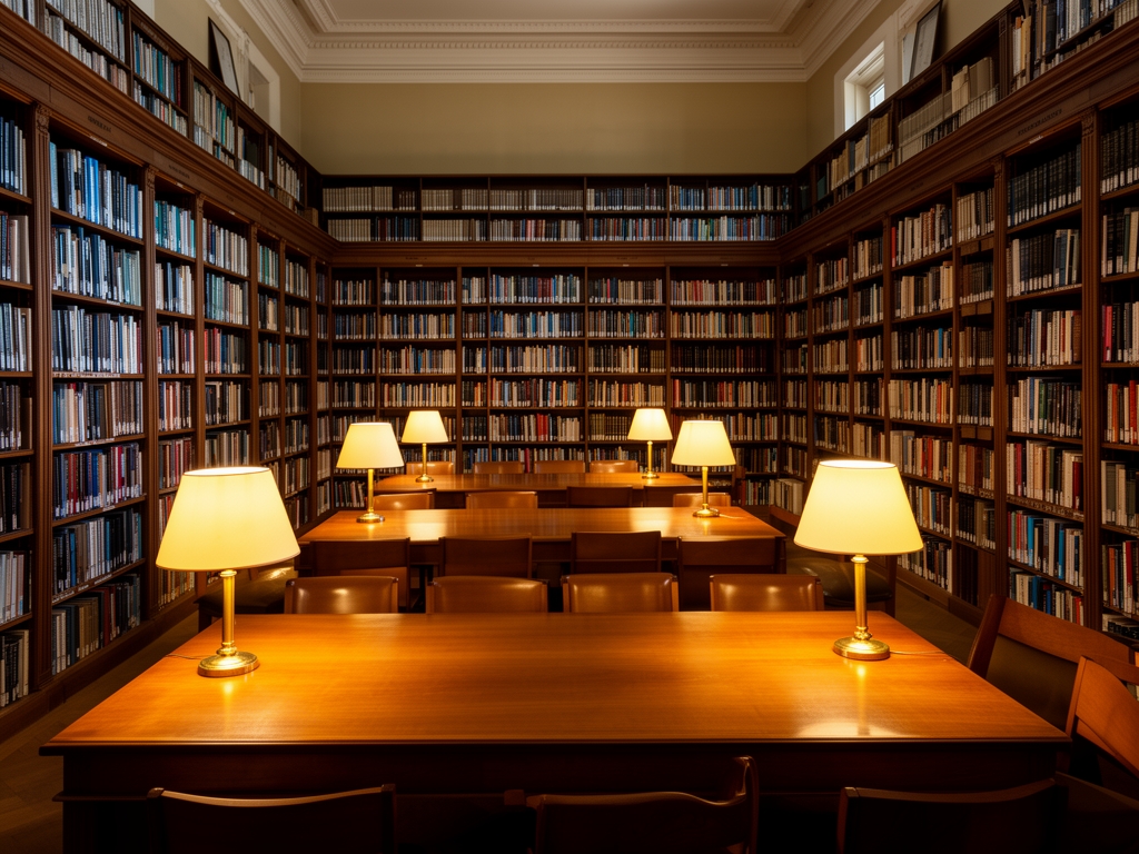 Interiér vědecké knihovny s řadami knih a teplým světlem lamp na dřevěných stolech evokující systematické studium a institucionální znalosti