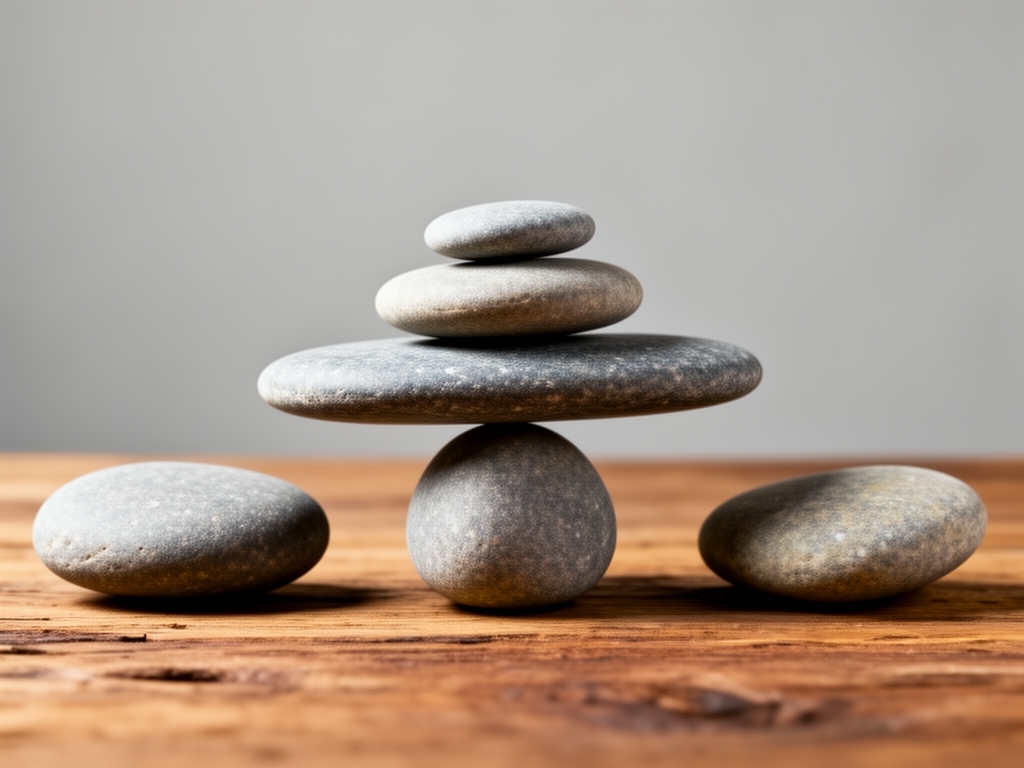Klidná scéna s kamennými oblázky seřazenými do rovnováhy na dřevěné ploše symbolizující harmonický přístup k životnímu stylu a blahobytu